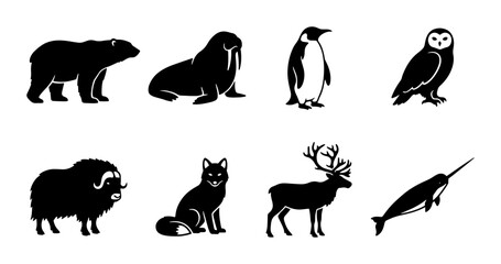 Arctic Wildlife Silhouettes: Polar Bear, Walrus, Penguin, Owl, Musk Ox, Fox, Reindeer, Narwhal Icons © Faiza