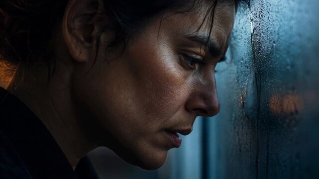 A contemplative woman gazes out a rain-soaked window, embodying deep emotions and introspection.