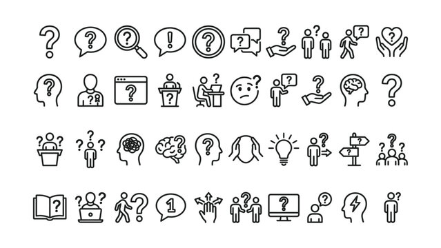 Collection of line icons depicting confusion and questions in various aspects of life and communication on transparent background