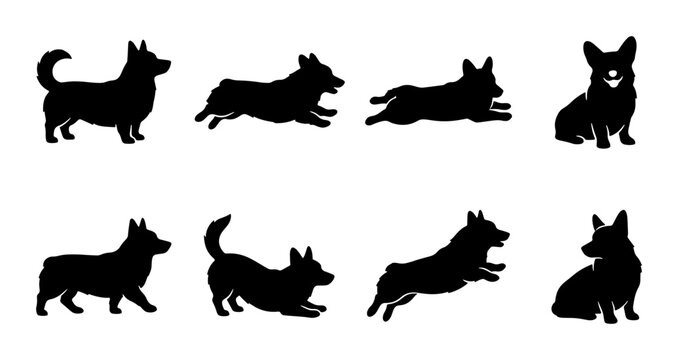 Corgi Dog Silhouettes, Set of 8, Various Poses, Black Vector Graphics