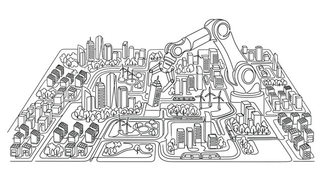 A mechanical robotic arm constructing a futuristic city model line art
