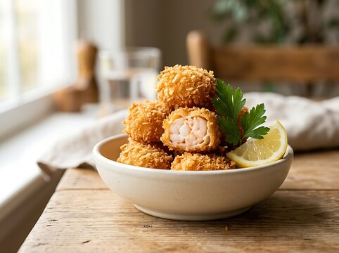 Crispy breaded fish balls served in a ceramic bowl on a rustic wooden kitchen table. crispy shrimp bites