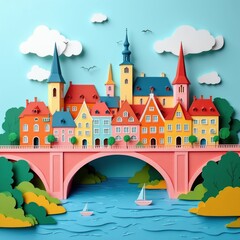 Obraz premium Paper cut illustration shows European town with bridge over river. Colorful buildings with red roofs stand along water. Small boats sail on blue waves under sky with clouds. Green trees frame scenic