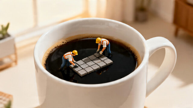  Miniature worker figures paving black coffee in white mug