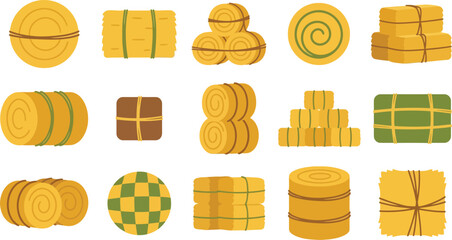 Set of various hay bales and dry straw stacks for agriculture and farming harvest concept © azad