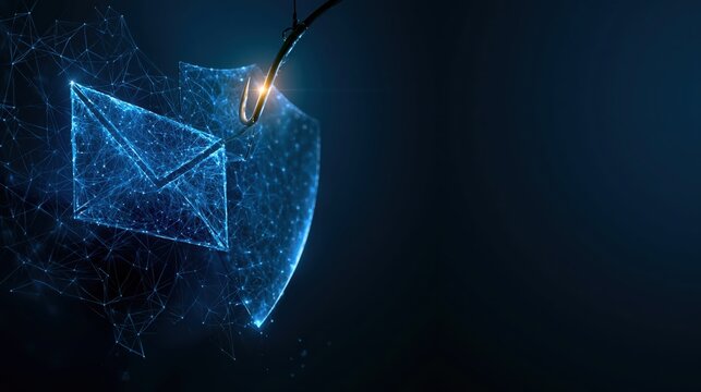 Glowing fishing hook snagging an email envelope blocked by a translucent shield, phishing attack and email security concept