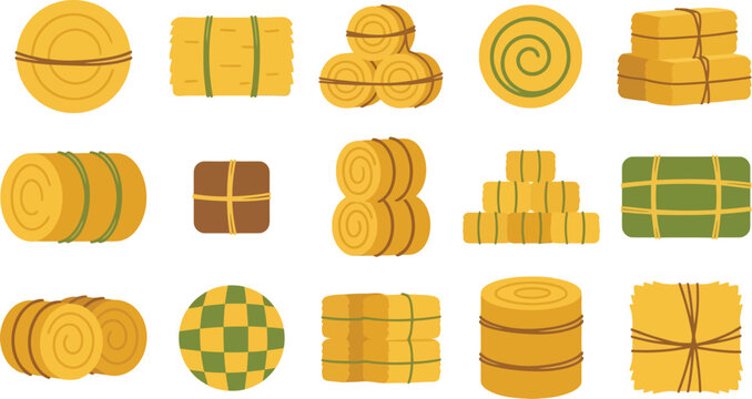 Set of various hay bales and dry straw stacks for agriculture and farming harvest concept