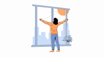 Fototapeta premium Happy Woman with Outstretched Arms Welcoming the Sun at a Large Window. Minimalist Illustration for Wellness, Morning Routine, and New Beginnings Concepts.