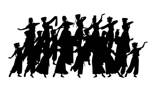 Silhouette crowd marching in formation with flags isolated on transparent background
