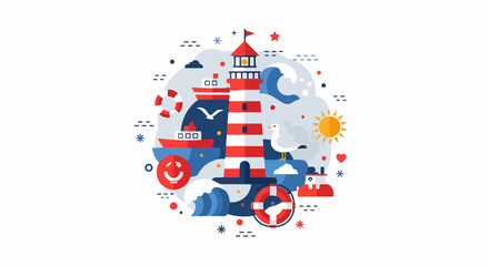 Obraz premium Nautical Flat Design Illustration Featuring a Red and White Lighthouse, Ships, Waves, and Sea Life in a Circular Composition