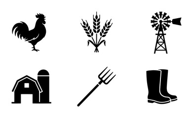 Fototapeta premium Farm Icons Set: Rooster, Wheat, Windmill, Barn, Pitchfork, Boots Vector Graphics