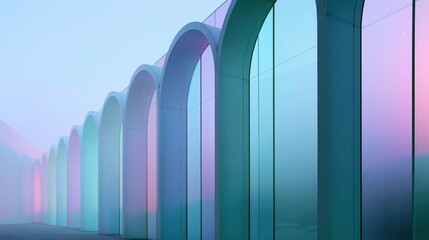 Obraz premium Row of tall frosted glass arch panels fading into soft pastel light, minimal architectural abstract background