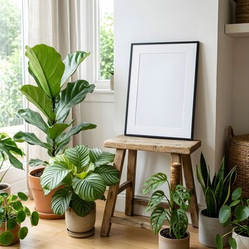 Vertical black frame mockup on a wooden stool surrounded by bright houseplants like calathea and fiddle leaf fig