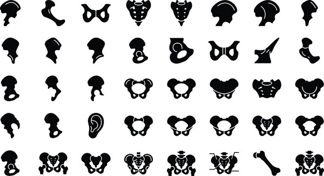 Set of black human pelvic bone and hip joint icons showing various anatomical shapes and views for medical education and clinical research