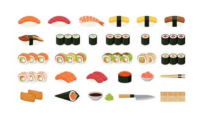 Fresh Sushi Assortment Japanese Cuisine Flat Vector Collection © Sagor