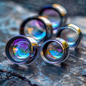 Detailed photograph of AR lenses on polished surface captured by Canon EOS R5 with 50mm f14 lens