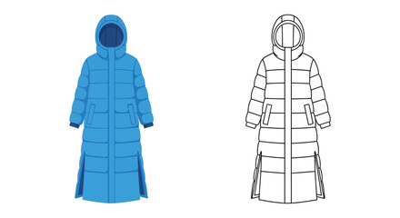 Long puffer jacket illustration blue and black line art versions © Skb Creation