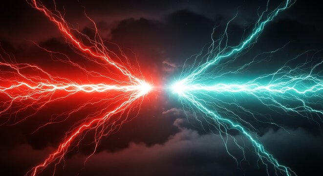 Intense red and cyan lightning bolts collide with powerful electrical energy in a sharp digital art display of high contrast