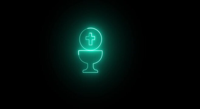 Glowing turquoise neon chalice icon with a cross symbol a bright outline of featuring cross, symbolizing religion or faith against