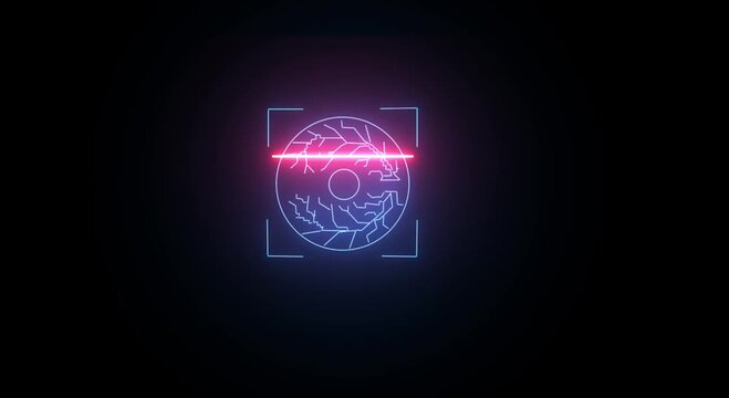 Futuristic biometric iris eye scanner neon laser a high tech blue and red circular overlay targeting a human iris