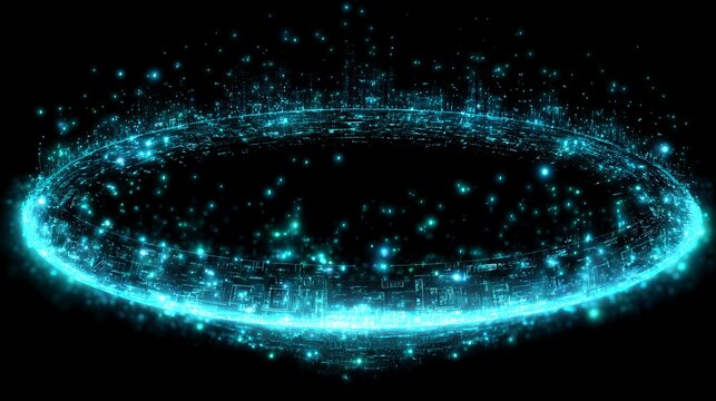 Massive glowing cyan data ring with scifi city architecture elements futuristic hyper space portal digital network background