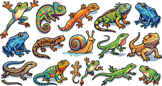 Colorful Cartoon Reptile and Amphibian Vector Sticker Set Featuring Bright Frog, Chameleon, Iguana, Gecko, Lizard, Salamander, Bearded Dragon, and Snail Characters