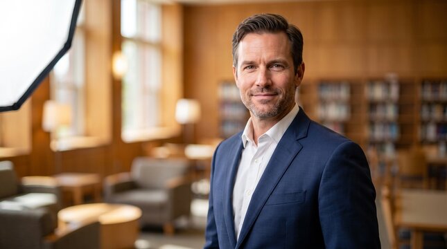 Professional man in a suit standing in a library or office with a soft light illuminating his face