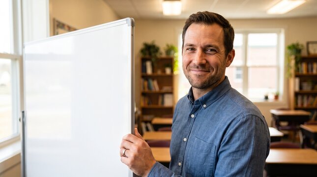 Smiling male teacher standing by empty whiteboard in bright school classroom