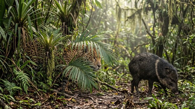 jaguar emerging from vegetation while hunting a collared peccary