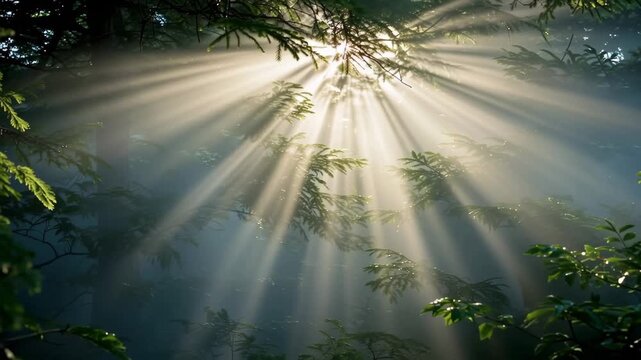 Sunbeams shining through misty forest foliage. Bright morning light filtering between tree branches. Nature scenery with magical ray effect in early mountain fog.