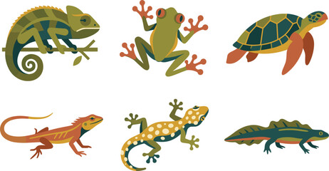 Obraz premium Reptile and Amphibian Vector Illustration Set Featuring Chameleon, Tree Frog, Sea Turtle, Lizard, Gecko, and Newt Icons for Wildlife and Nature Designs