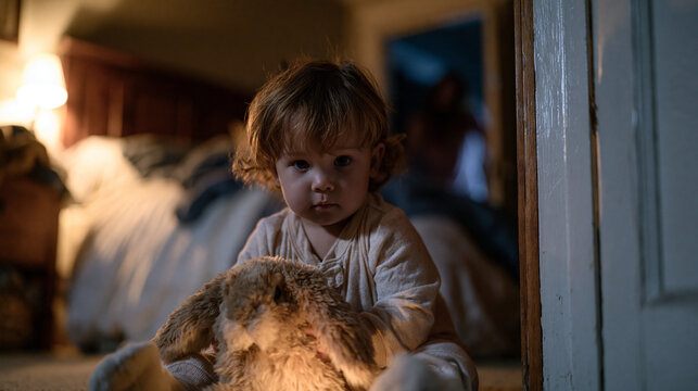 Toddler frozen at bedroom doorway in footed pajamas gripping stuffed rabbit, hallway nightlight casting dim glow, shadows stretching across ceiling above bed, parent's comforting silhouette visible 