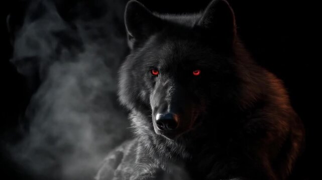 Intense black wolf with glowing red eyes emerging from smoke in a dark, mysterious setting. Powerful wild predator.