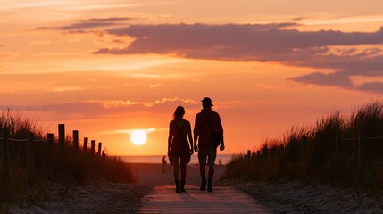 Fototapeta premium Silhouettes of two friends of different heights walking side by side through dune grass at sunset, friendship and connection