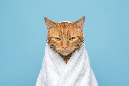 Wet orange cat wrapped in white towel looking unhappy after bath with blue background.