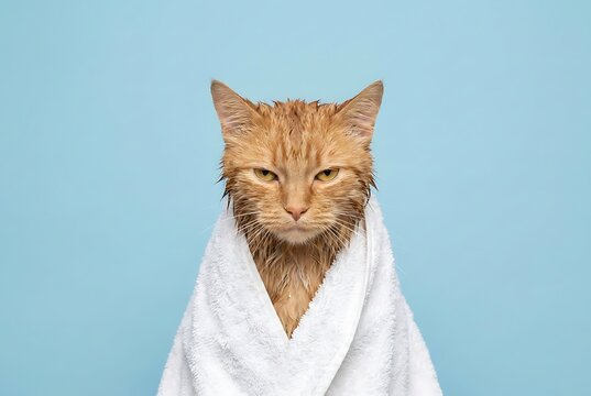 Wet orange cat wrapped in white towel looking unhappy after bath with blue background.