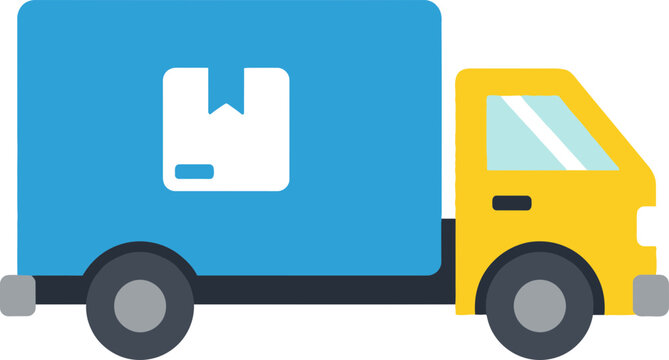 Blue delivery truck with package icon, logistic transport, shipping service, cargo vehicle