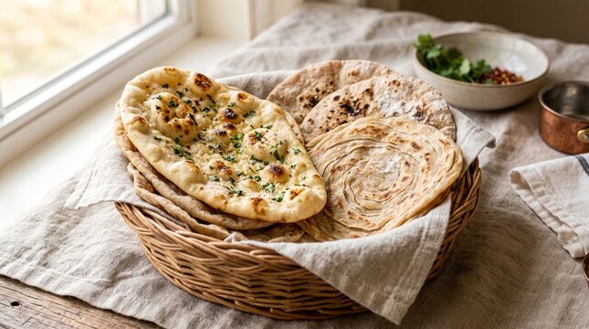 Assorted Indian Bread Basket with Naan, Roti and Paratha, Light Flour Dusting, Soft Natural Window Light, Neutral Linen Backdrop
