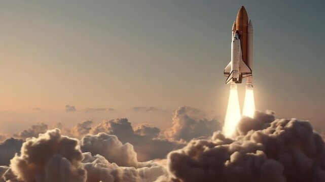 Powerful space shuttle rocket launching above clouds at sunset, symbolizing innovation, exploration, and future ambition.