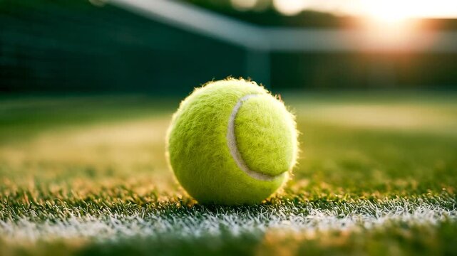 Tennis ball on the baseline of a green grass court at sunset