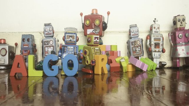 The word ALGORITHMS with retro robot toys stop motion 