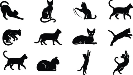 Fototapeta premium Black Cat Silhouette Vector Icon Set with Minimalist Domestic Pet Poses Including Walking Stretching Jumping and Sitting for Graphic Designs
