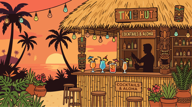 Tiki hut bar at sunset with palm trees and tropical plants a serene vacation spot