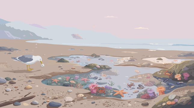 Seagull standing on a beach with colorful starfish and sea anemones in a tidal pool at sunset