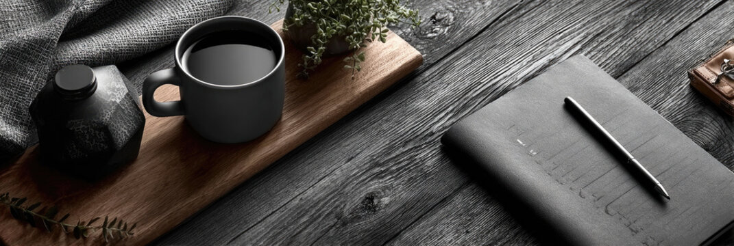 Cozy workspace on a dark rustic wooden table, featuring a mug of coffee, a notebook, and a pen, creating a calm and contemplative atmosphere for journaling or studying