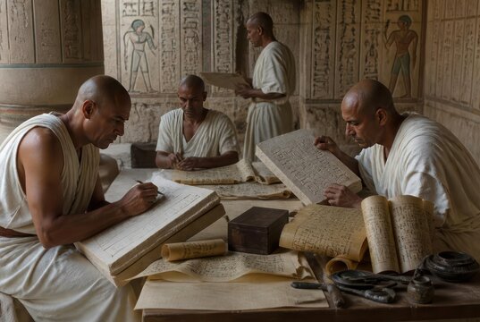 Ancient Egyptian Scribes Studying Hieroglyphs and Scrolls in Temple