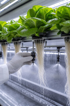 aeroponics, vertical farming, agritech, green lettuce, plant roots, nutrient mist, smart agriculture, macro photography, hydroponics, indoor greenhouse, sustainability, gloved hand, nozzle adjustment,