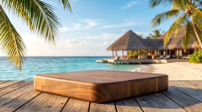 Wooden podium on tropical beach deck with palm trees and ocean background for summer product presentation mockup scene.