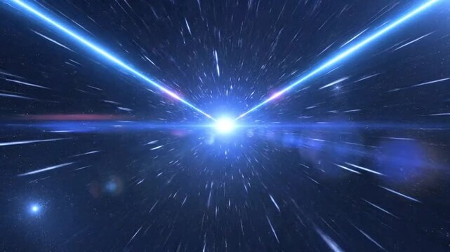 Blue light streaks in space hyperdrive warp effect.