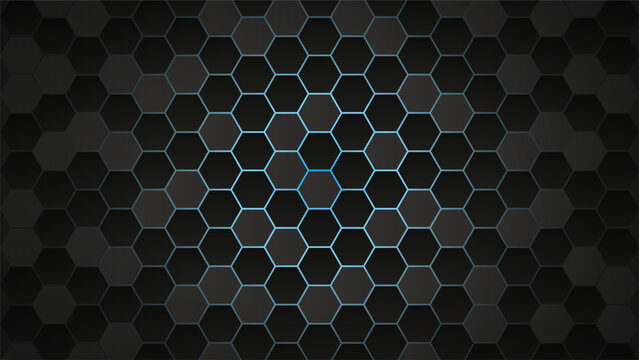 Abstract dark grey and black background with blue light glowing from honeycomb or hexagon grid pattern for technology and gaming design
